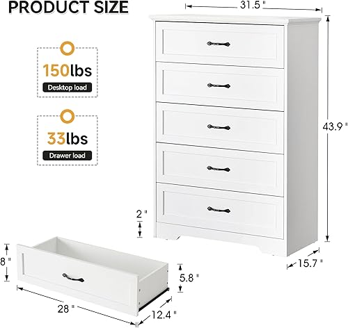 Miniatura 2 de GAOMON Cómoda de madera de 5 cajones para dormitorio, torre de almacenamiento con asas, armario de almacenamiento, cómoda para armario, sala de