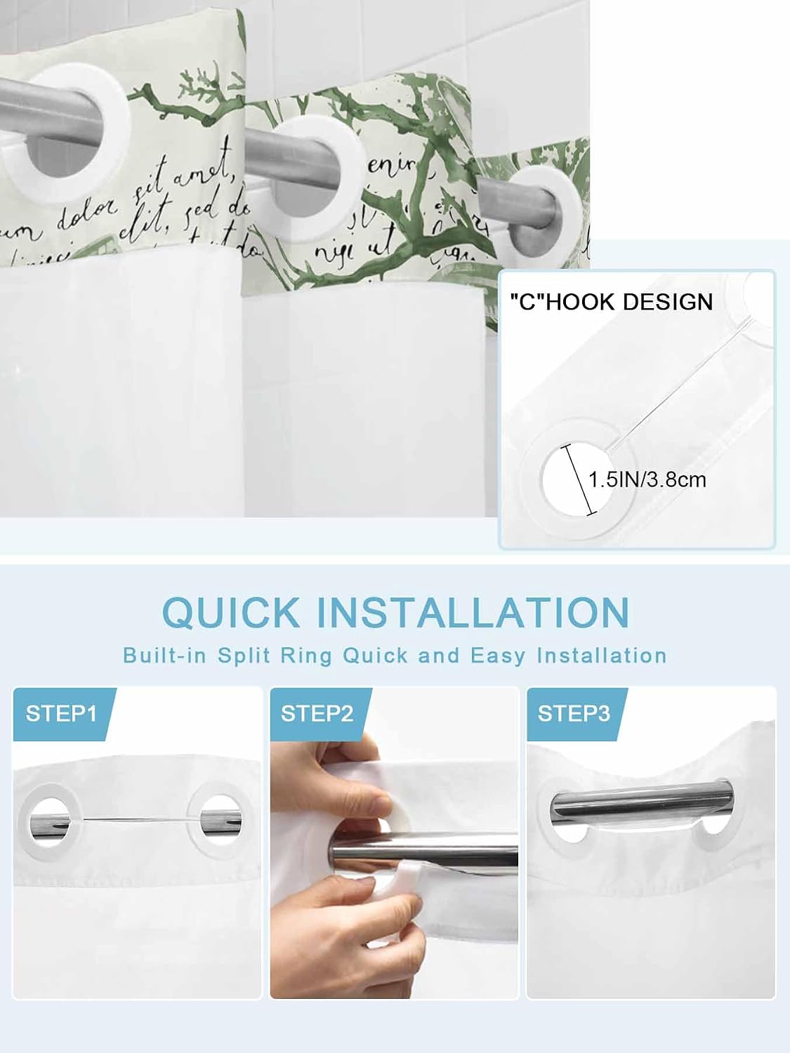 No Hook Shower Curtain, Sage Green Coastal Stall Bathroom Curtains with Snap in Liner, Coral Starfish Nautical Compass Waterproof Washable Fabric Shower Curtain Set, 54" x 78"