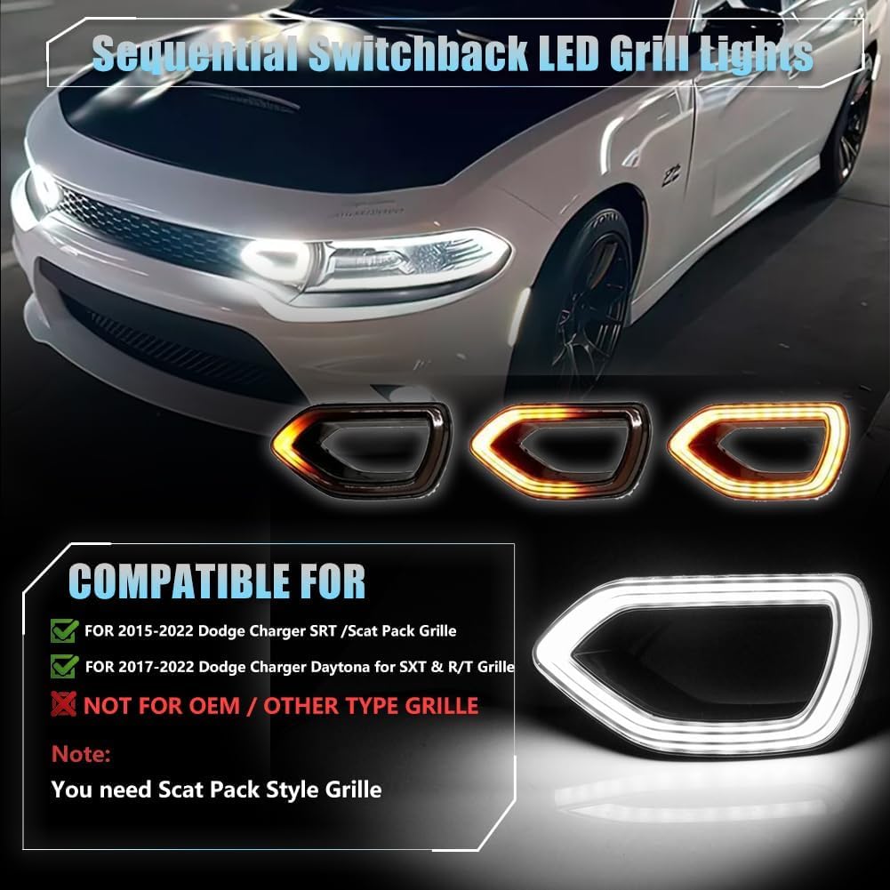 2 PCS Sequential LED Grille Lights for Dodge Charger 2015-2022 SRT Scat Pack, Smoked Lens Amber LED Front Grill Lamp, Dodge Charge Dynamic Turn Signal Lamps