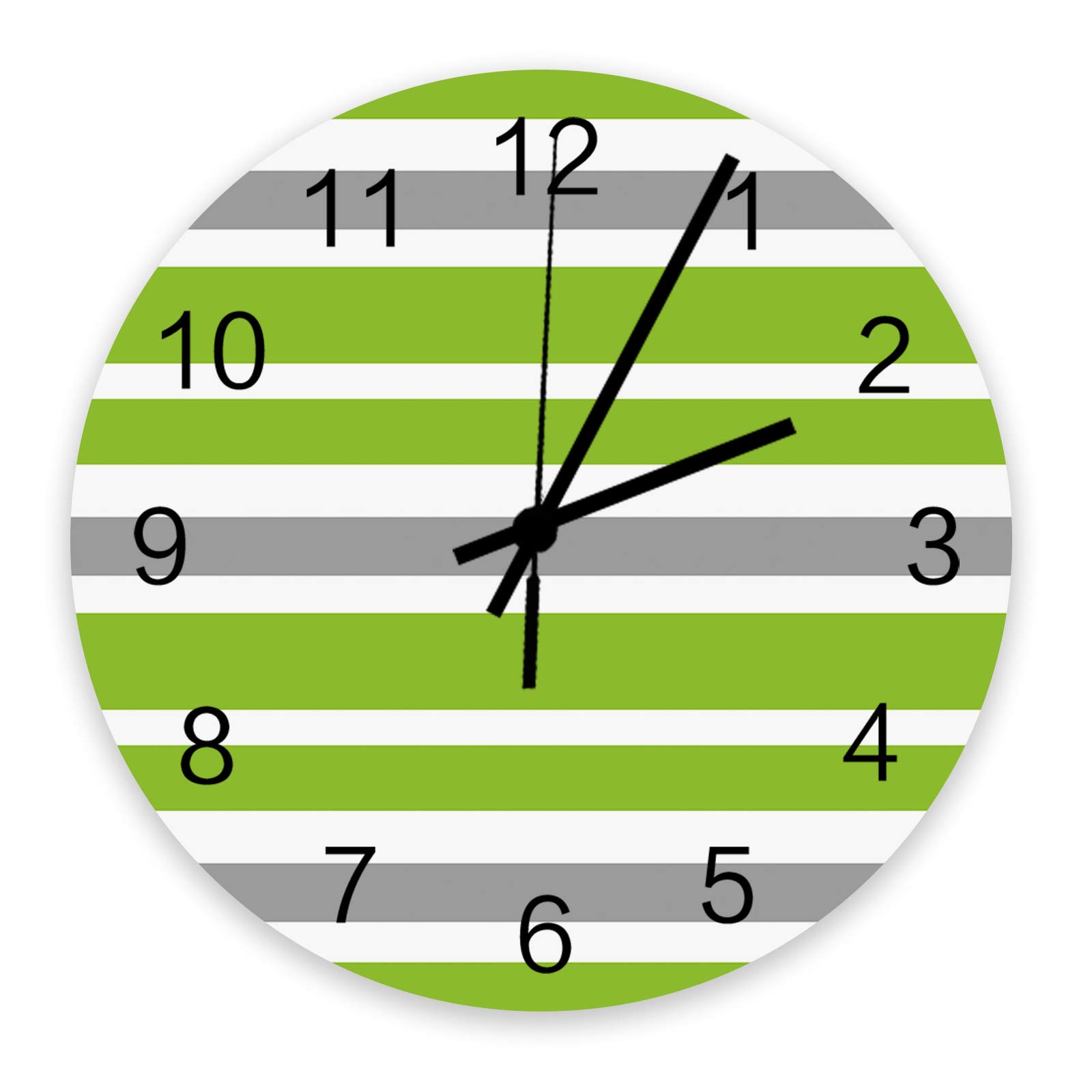 ArneCase Wall Clock Non Ticking Clocks 12Inch Wooden Wall Hanging Green Gray and White Stripes Round Clocks Wall Decor for Home,Office,Classroom