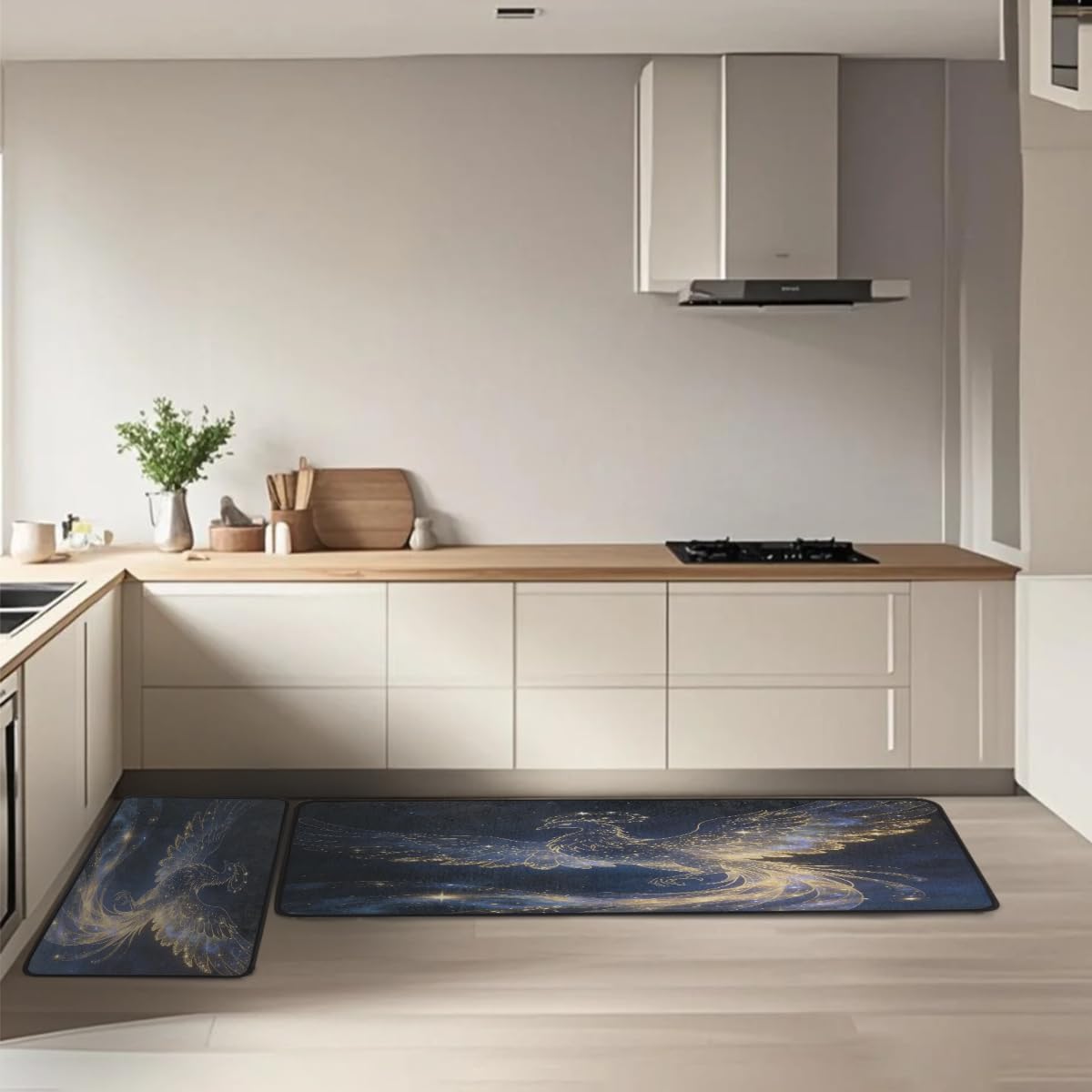 Anti Fatigue Golden Phoenix Kitchen Mats for Floor 2 Piece Set, Waterproof Non Slip Boho Kitchen Floor Rugs, Comfort Standing Mat for Sink Laundry & Home Kitchen 17"x47"+17"x29"