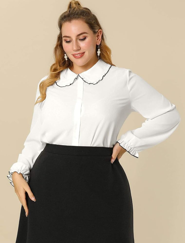 Allegra K Women's Long Sleeve Blouse Sweet Ruffle Peter Pan