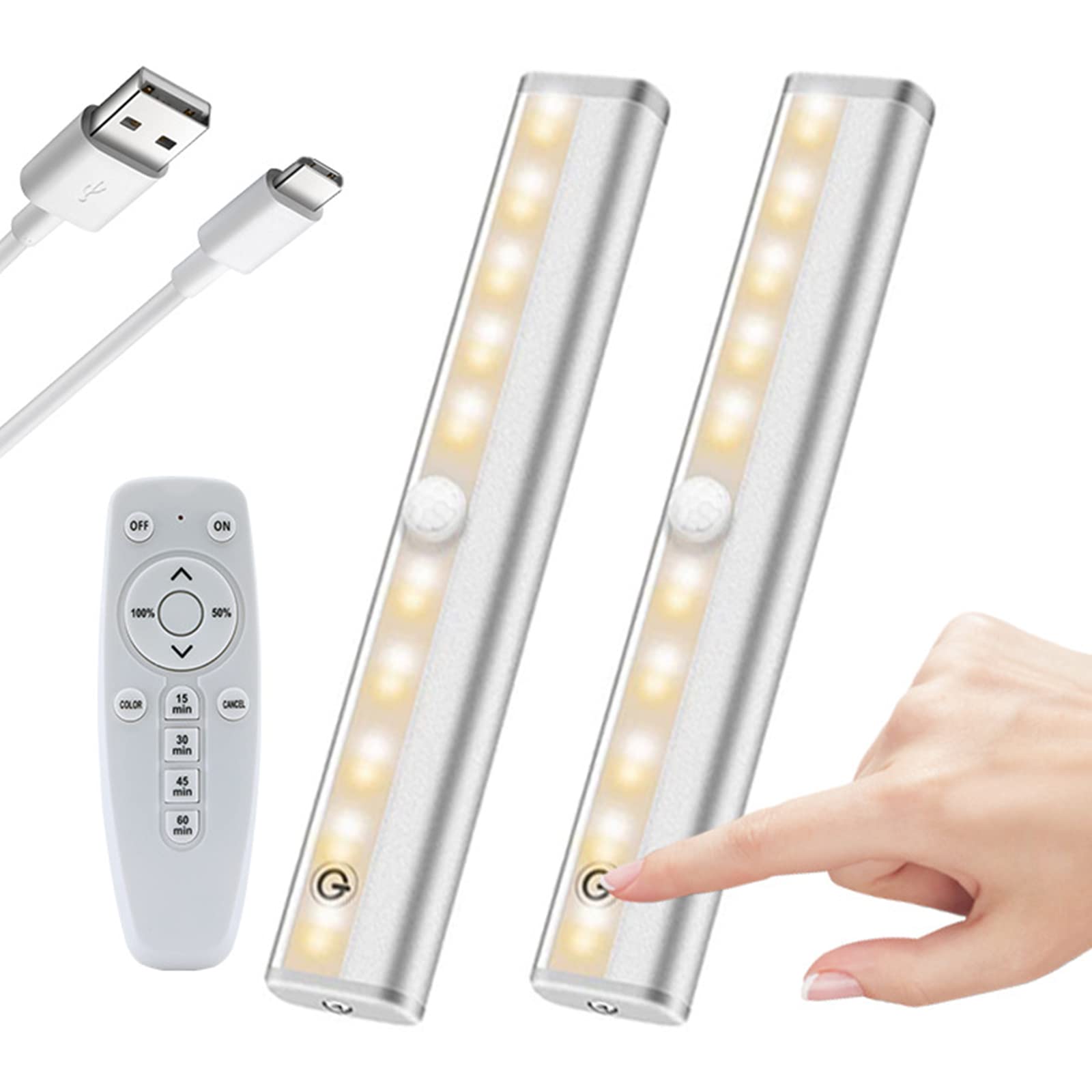 Luz Para Armario, 20 LED Luz Armario Recargable USB Lámpara Nocturna Inalámbrica Con 3 Modos De Iluminación, Lámpara Armario Con Tira Magnética, Luces LED Para Gabinetes, 2 Packs