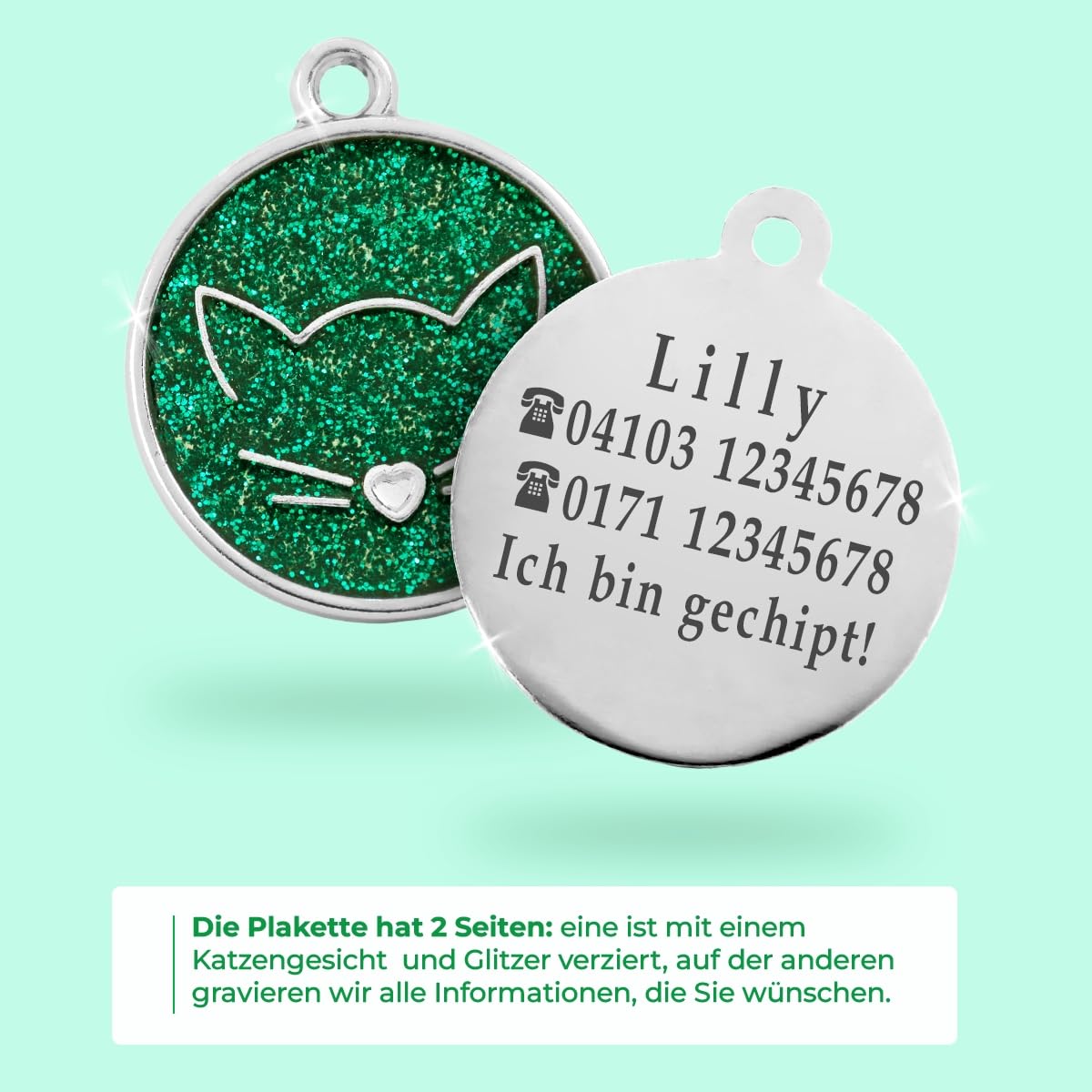 Medaglietta Gatto Personalizzata con Incisione Targhetta Identificativa Rotonda Verde Glitterato