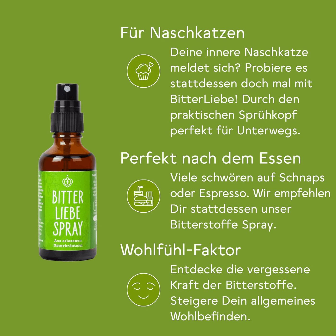 BitterLiebe - Bitterstoffe Spray 50ml - Bittertropfen als praktisches Spray - Artischocke & Löwenzahn gegen Süßhunger - nach Hildegard von Bingen