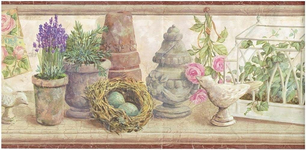 CONCORD WALLCOVERINGS ™ Wallpaper Border Vintage Pattern Plants Flowers Pots for Cottage Farmhouse, Brown Beige Green Pink Purple, 15 ft by 8 in DW95052B