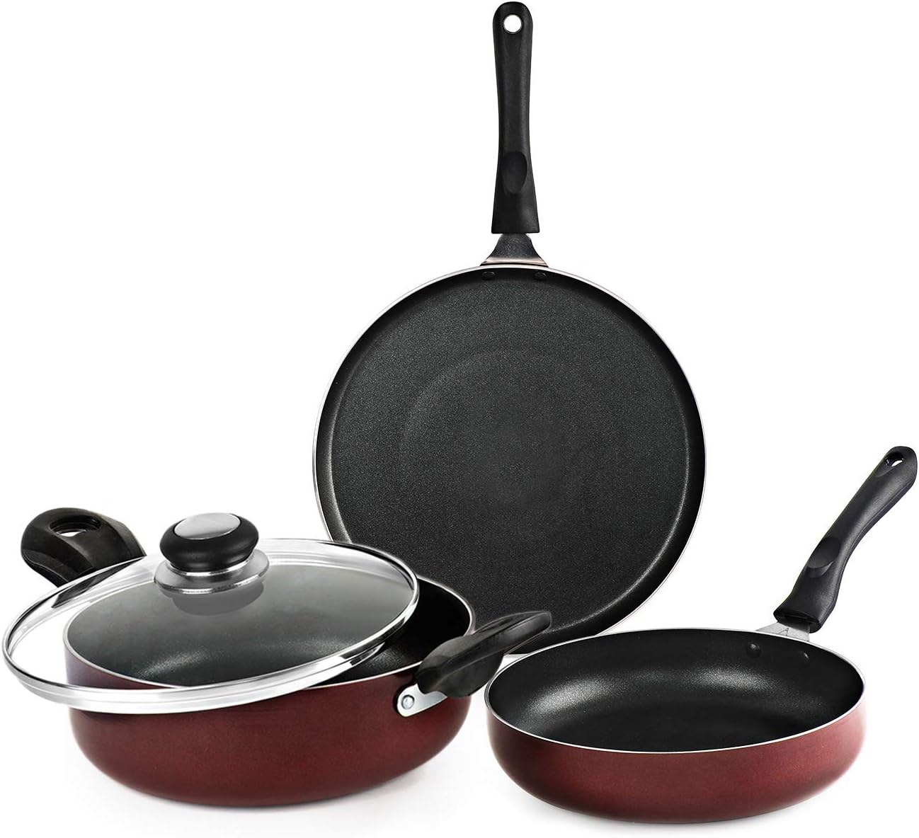Cello Prima Induction Base Non-Stick Aluminium Pan Cookware Set, 3-Pieces, Cherry Red