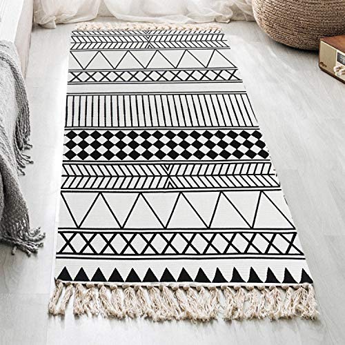 KIMODE Moroccan Cotton Area Rug 2' x 4.3'| Fringe Throw Rugs| Hand Woven Diamond Print Tassel Welcome Door Mat| Entryway Floor mat | Washable Floor Runner Rug| Porch Kitchen Living Room Carpet