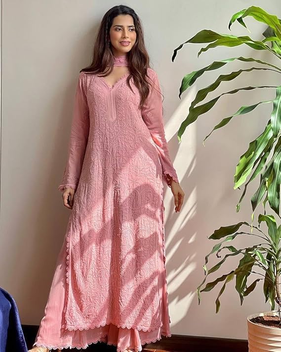 Image of Women Embroidered Straight Kurti with Palazzo And Dupatta Set | Elegant Ethnic Wear Kurta Set | V-Neck Long Sleeve Kurti | Stylish Casual, Festive & Wear for Women
