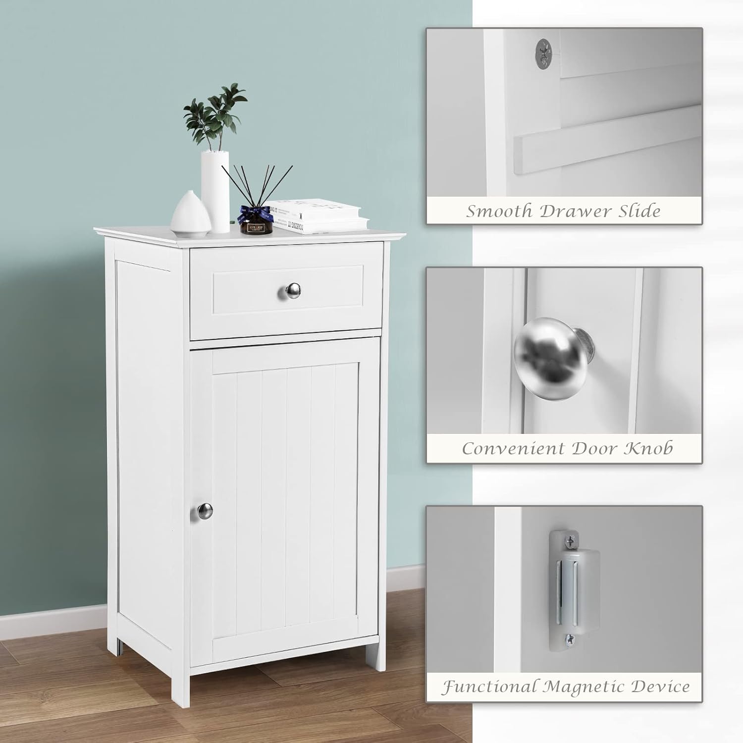 GLACER Bathroom Floor Cabinet, Single Door Side Storage Cabinet with Drawer, Wooden Storage Organizer for Bathroom, Living Room, Entryway, 17 x 13.5 x 30.5 inches (White)