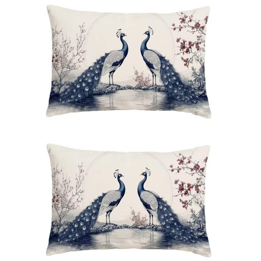 Housse coussin exterieur marine 80x100 lin impermeable paon