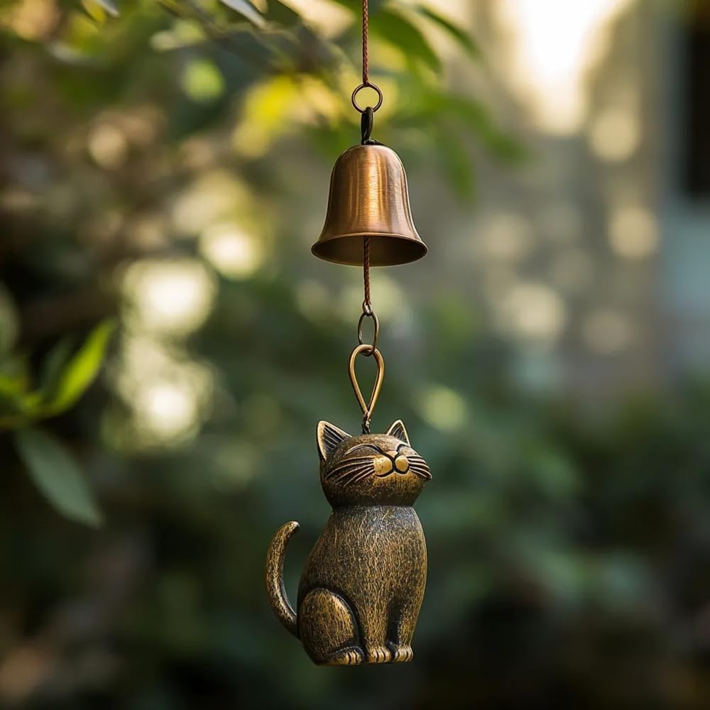 Cat Wind Chime, Retro Copper Windbell for Cat Lovers, Hanging Memorial Ornaments Windchimes Bell Yard Home Porch Decorations