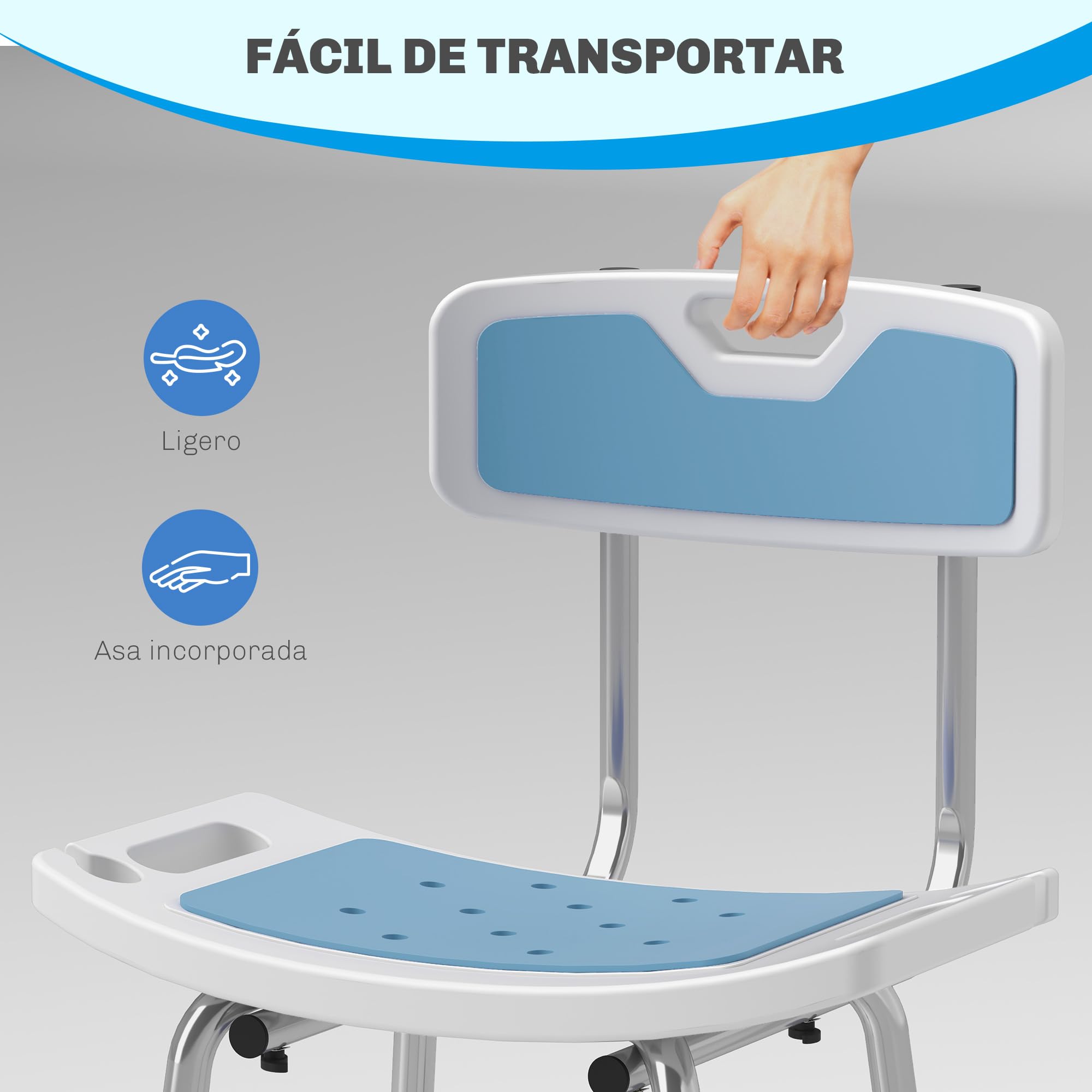 HOMCOM Silla Ducha Personas Mayores con Respaldo Antideslizante 136 kg | Silla de Ducha, Altura Ajustable en 6 Posiciones, para Ancianos y Discapacitados