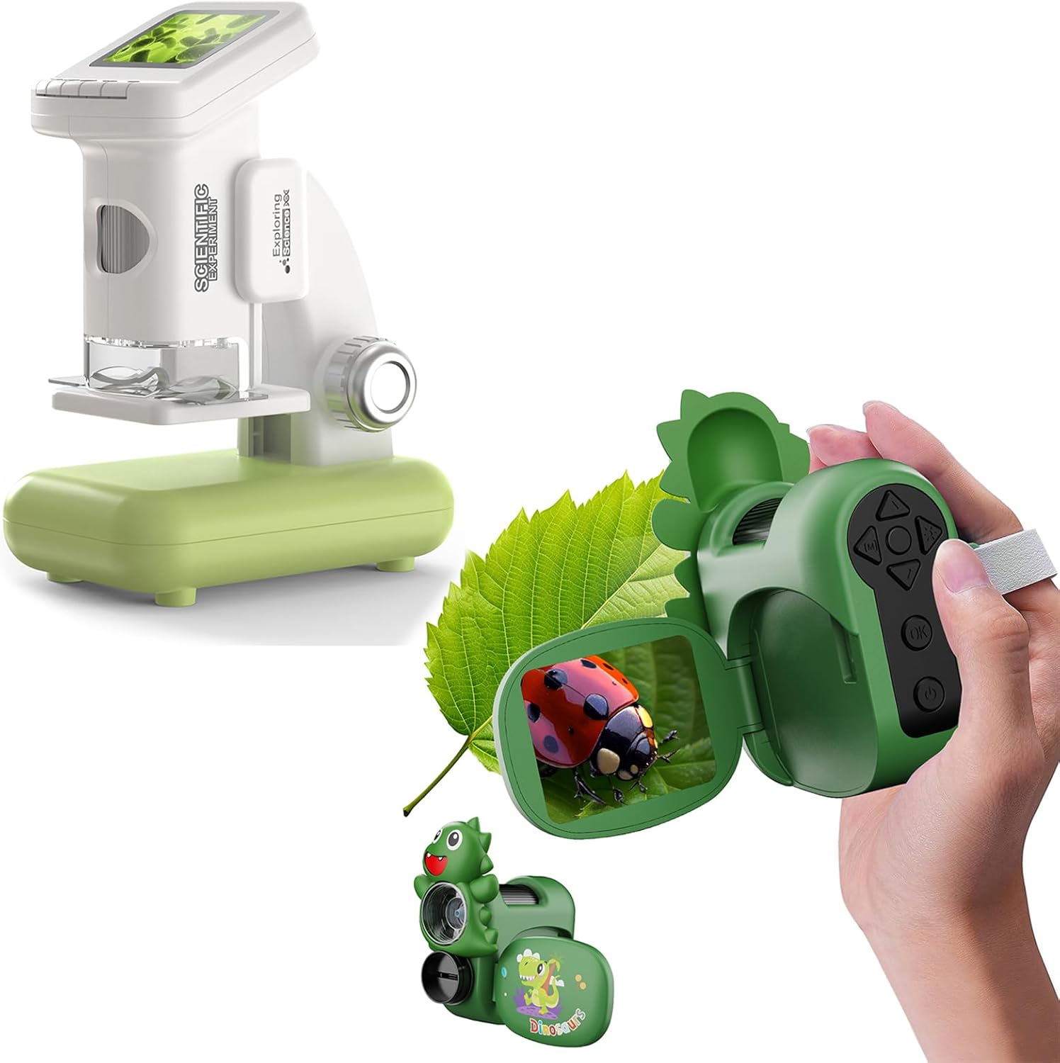 2PACK WSDMIC Handheld Microscope for Kids 1600X Green + Detachable Microscope with Stand