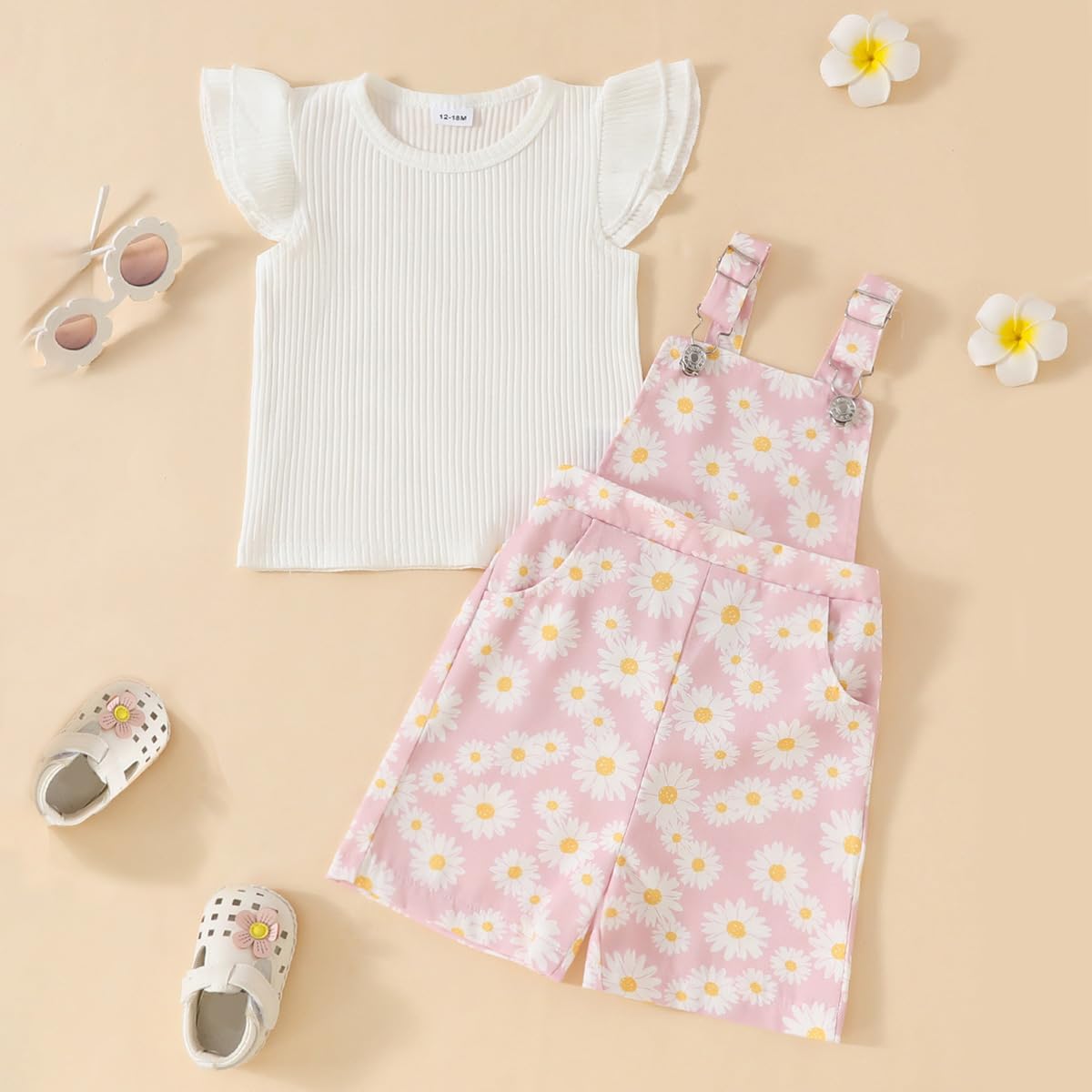 Conjunto Ropa de Verano para Bebé Niña Top de Canalé con Volantes+ Estampado de Margaritas Pantalones Cortos con Peto Bretelles Adorable Infantil Trajes — view 6
