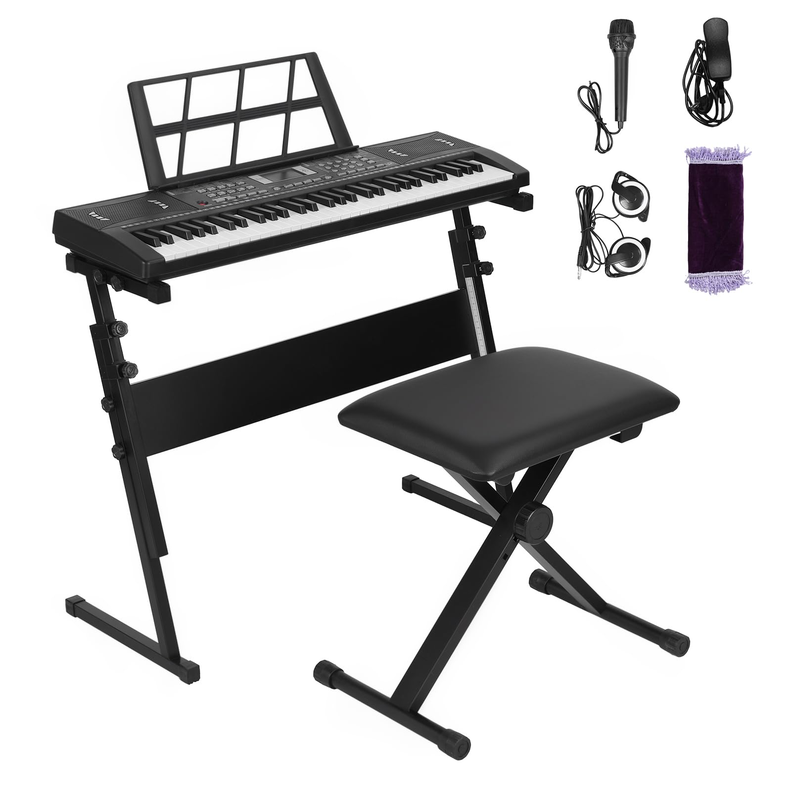 61 Tasten Keyboard mit Leuchttasten, Lautsprecher, Kopfhörer, Mikrofon, Notenständer & Hocker, 300 Klangfarben Rhythmen, Lernkeyboard Digitalpiano für Anfänger (Schwarz)