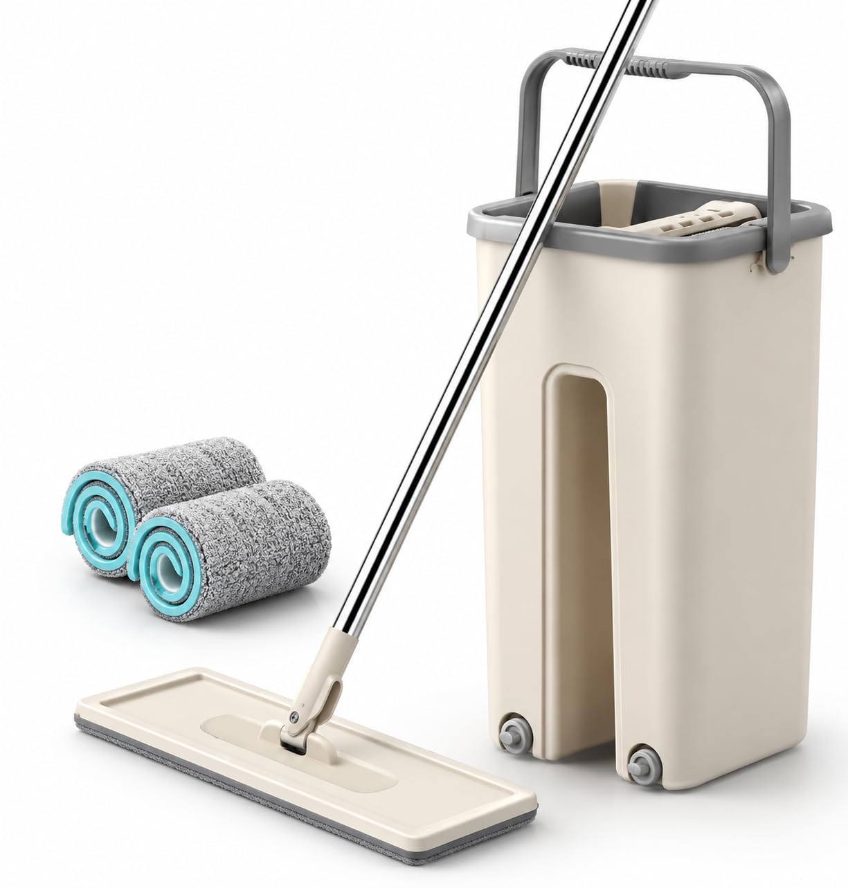 Mop Heavy Quality Floor Mop with Bucket, Flexible Kitchen tap Flat Squeeze Cleaning Supplies 360 Flexible Head/2 Reusable Pads Clean Home Floor Cleaners-image-28