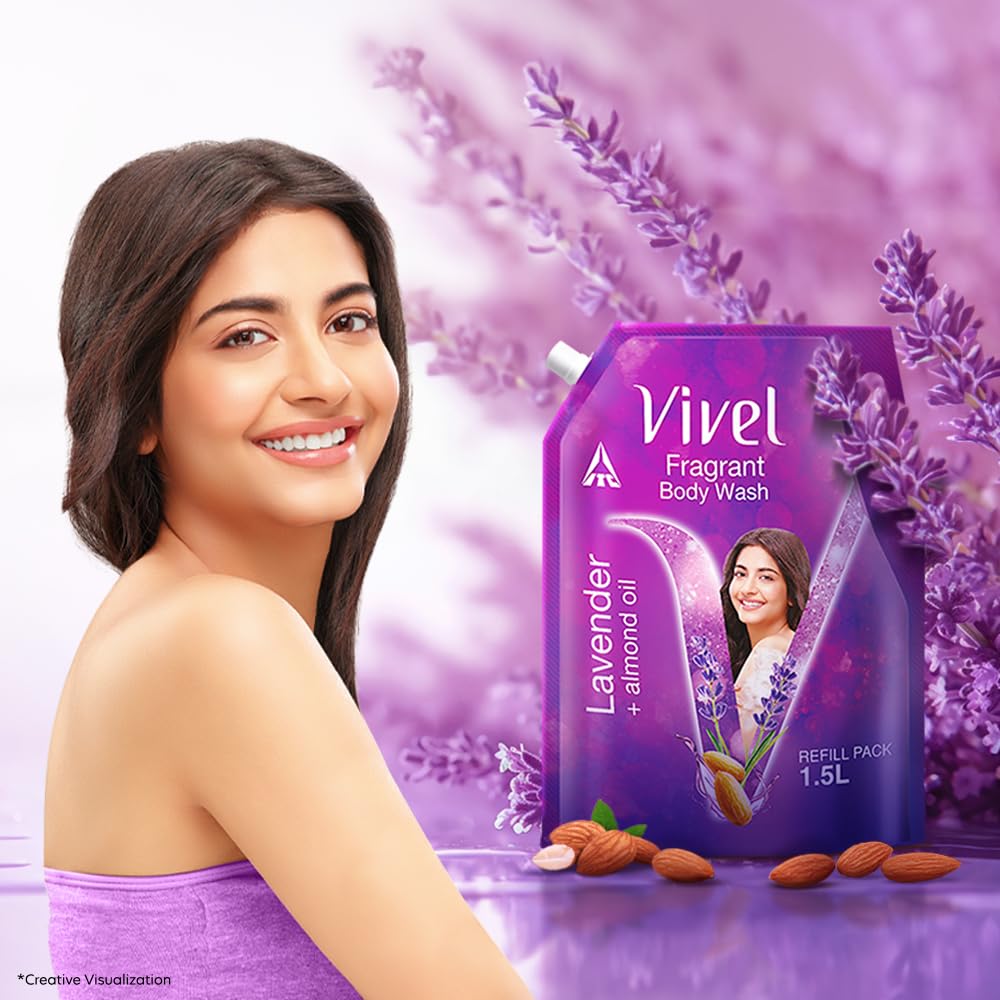 Diwali Sale Vivel Fragrant Body Wash, Lavender &Amp; Almond Oil Shower Gel, 1500Ml Supersaver Xl Refill Pouch, Moisturizing Bodywash, Soft &Amp; Smooth Skin, Effective Cleansing, For Women &Amp; Men