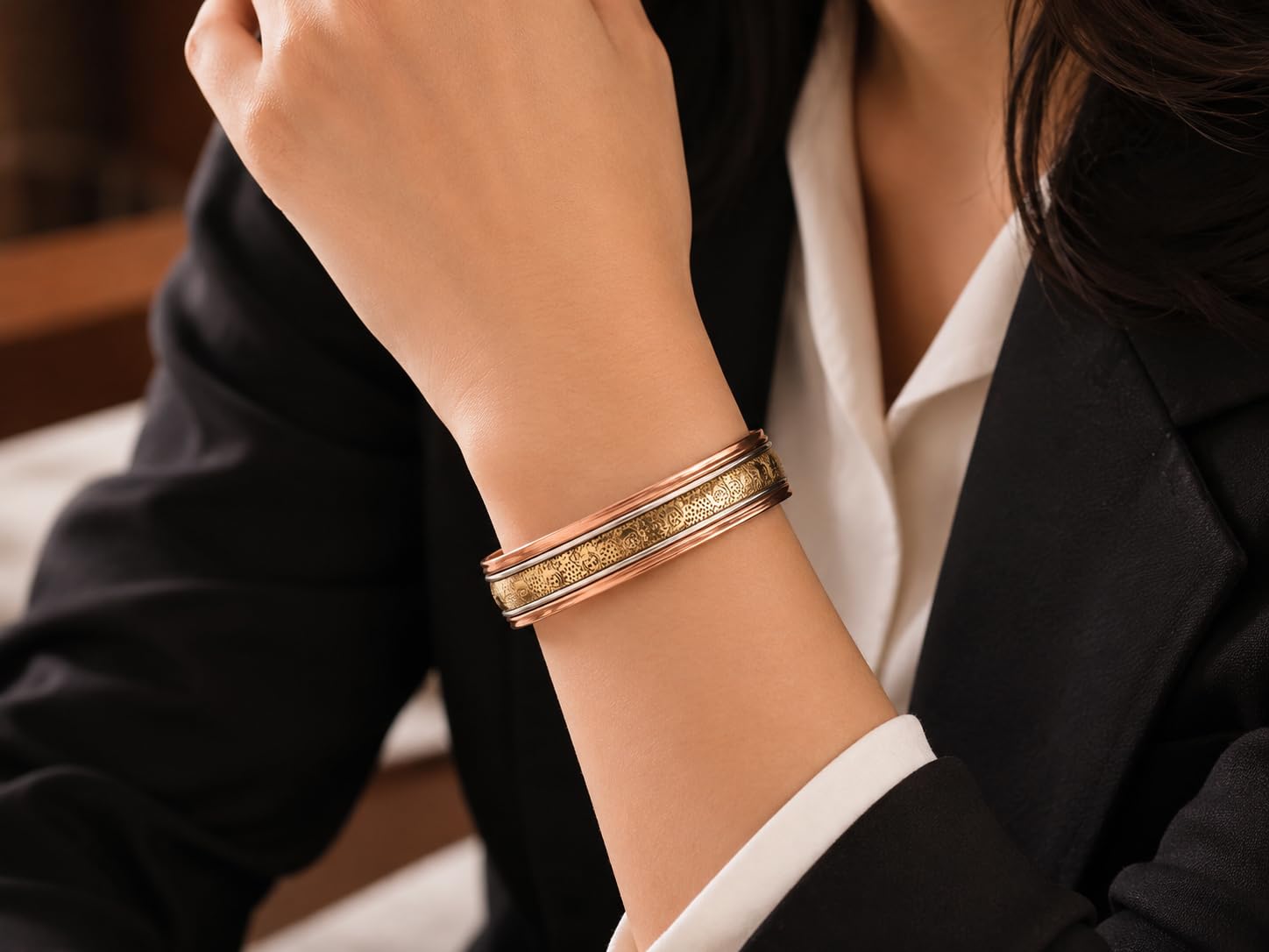 Touchstone Copper magnetic healing bracelet Tibetan style. Hand forged with solid and high gauge pure copper. Set of 4 different designs in 3 metals