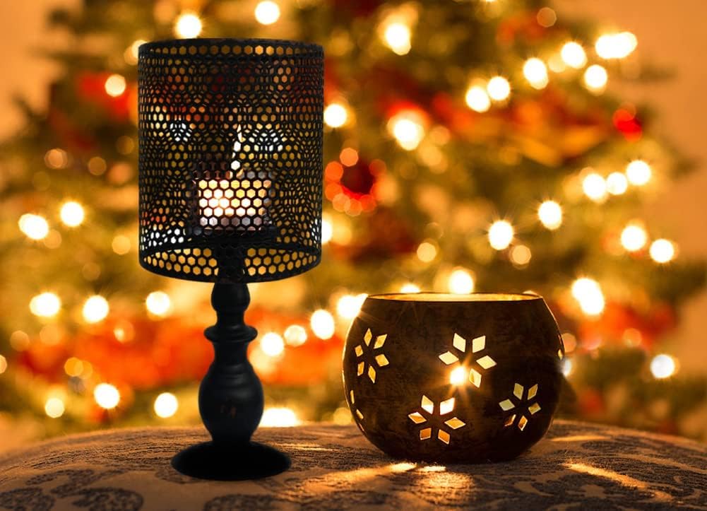 Linfevisi Metal Candle Holder Lamp Decorative Candle Lamp Holder Vintage Pillar Candle Holder Centerpiece Metal Table Candle Lamps Old Looking for Mantel 14 Inch High (Black)