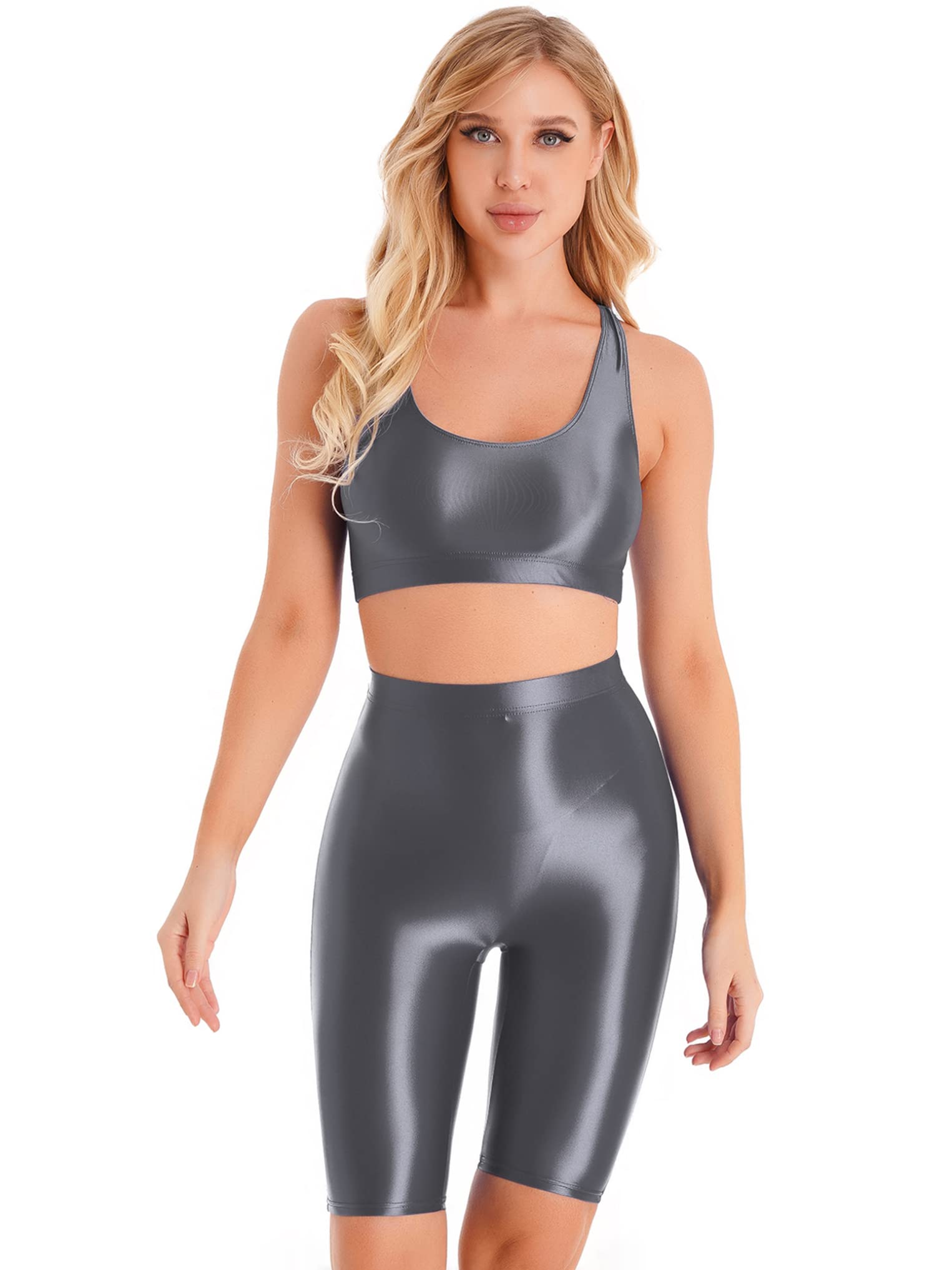 Oyolan Womens Seamless Yoga Workout Outfits 2 Piece Oily Glossy Running Shorts and Sport Bra Sets