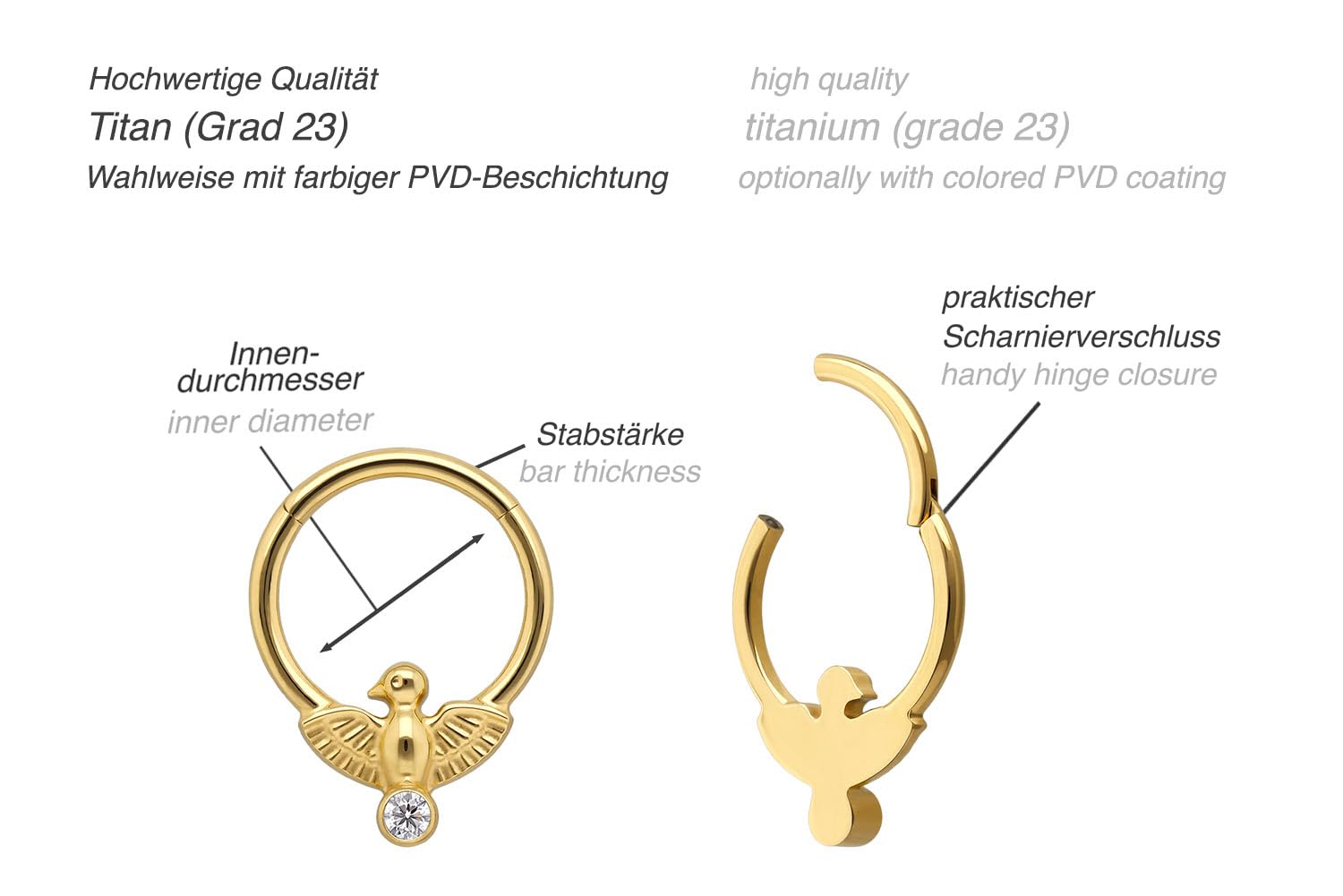 PIERCINGLINE Piercing Ring Titan Segmentring Clicker GEIER - Goldfarben, Silberfarben