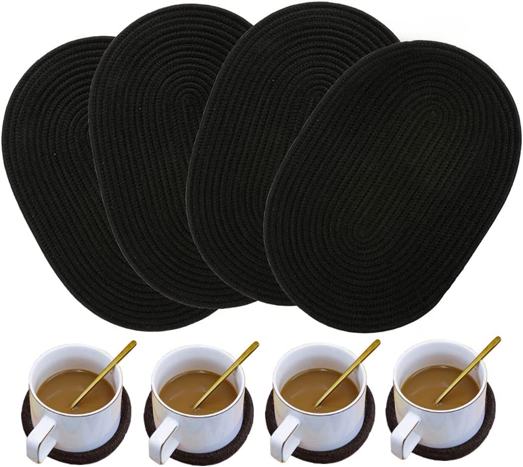 4 Pack Oval Woven Placemats and Set of 4 Round Fabric Coasters, Heat-Resistant Non-Slip Tablemats Woven Washable Charger Plates for Table Decoration (Black)