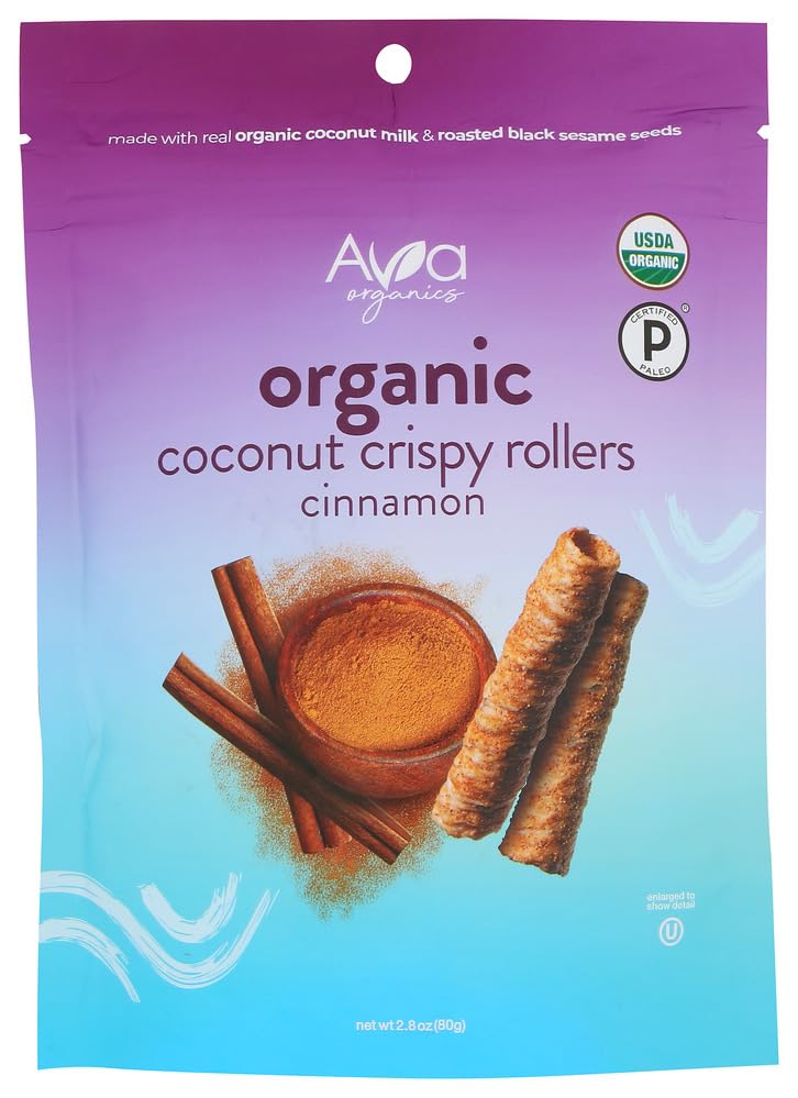 Ava Organics Organic Coconut Crispy Rollers, Cinnamon, No Added Colors, Flavors or Preservatives, Vegetarian, Kosher & Paleo Friendly, USDA Certified Organic, Gluten Free & Non-GMO, 2.8 Ounce (Pack of 8)