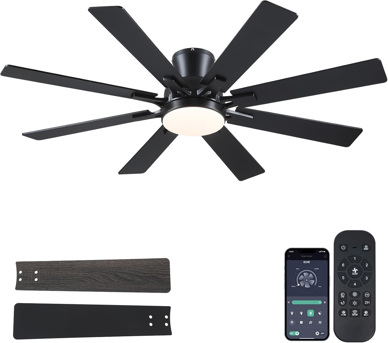 Ceiling Fans with Lights- 52" Low Profile Indoor Ceiling Fan with Light and Remote/APP Control, 8 Blade,Flush Mount, LED Dimmable DC Reversible Modern Ceiling Fan for Bedroom?Black? Black-1