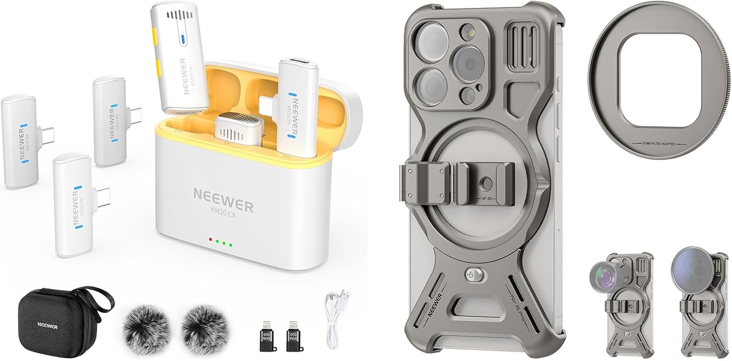 NEEWER Wireless Lavalier Microphone System for iPhone, Mini Clip on Lapel Mic Set with 2 USB C Transmitters/4 Receivers/OTG Adapter, LiteArmor Metal Frame Case for iPhone 15 Pro Included