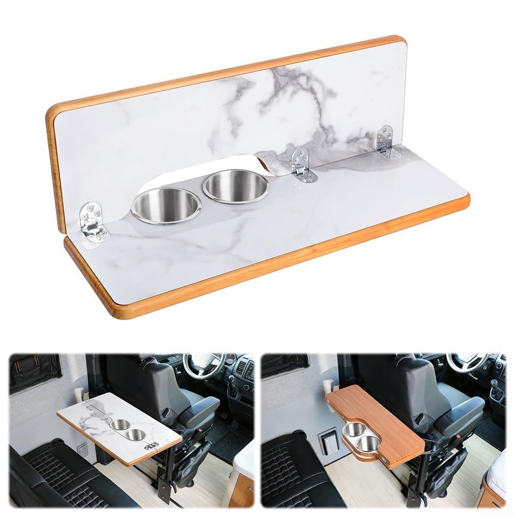 Tavolo pieghevole in laminato per camper, barca, yacht, 55 x 35 x 2 cm, in legno con 2 portabicchieri in acciaio inox, finitura liscia