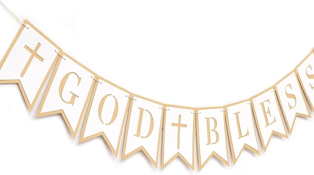God Bless Banner - First Communion, Baptism, Christening Decor, Double Layers God Bless Banner with Cross, Baby Boy Girl Baptism Decorations