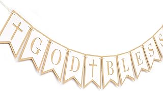 God Bless Banner - First Communion, Baptism, Christening Decor, Double Layers God Bless Banner with Cross, Baby Boy Girl Baptism Decorations