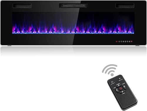 Miniatura 10 de COSTWAY Chimenea eléctrica de 50 pulgadas, 750 W1500 W empotrada en pared y montaje con control remoto, 12 colores de llama, 5 ajustes de brillo,