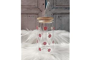 Pink Strawberries Glass Cup | Impressive 16oz Beer Can Glass with Lid and Glass Straw