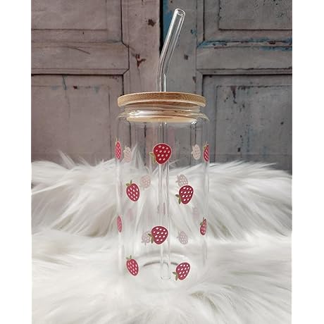 Pink Strawberries Glass Cup | Impressive 16oz Beer Can Glass with Lid and Glass Straw
