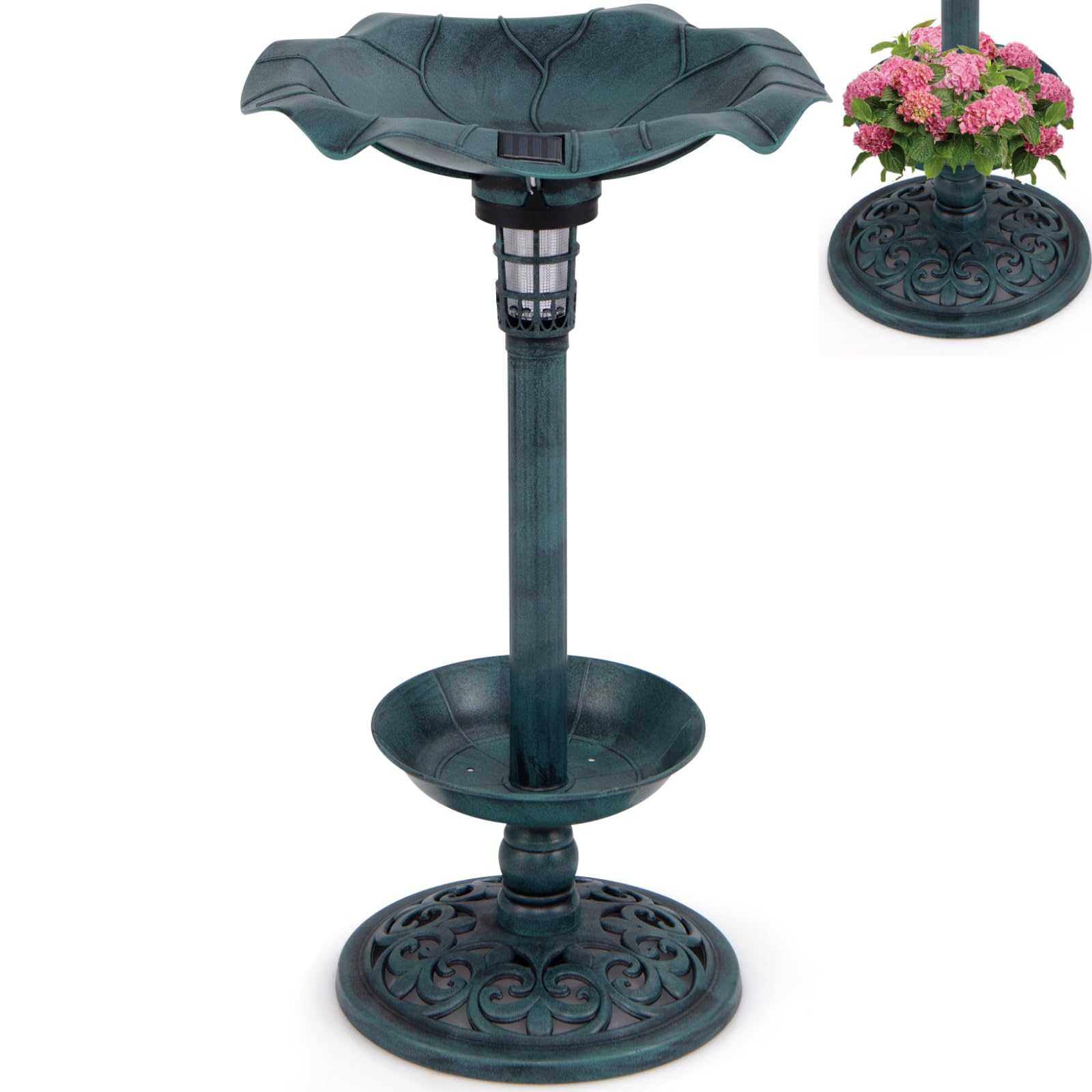 Maxmass Bird Bath Station, 3 in 1 Outdoor Birdbath Decoration with Solar Powered Lamp & Flower Planter, Freestanding Bird Hotel Feeder for Garden Yard (Bronze)