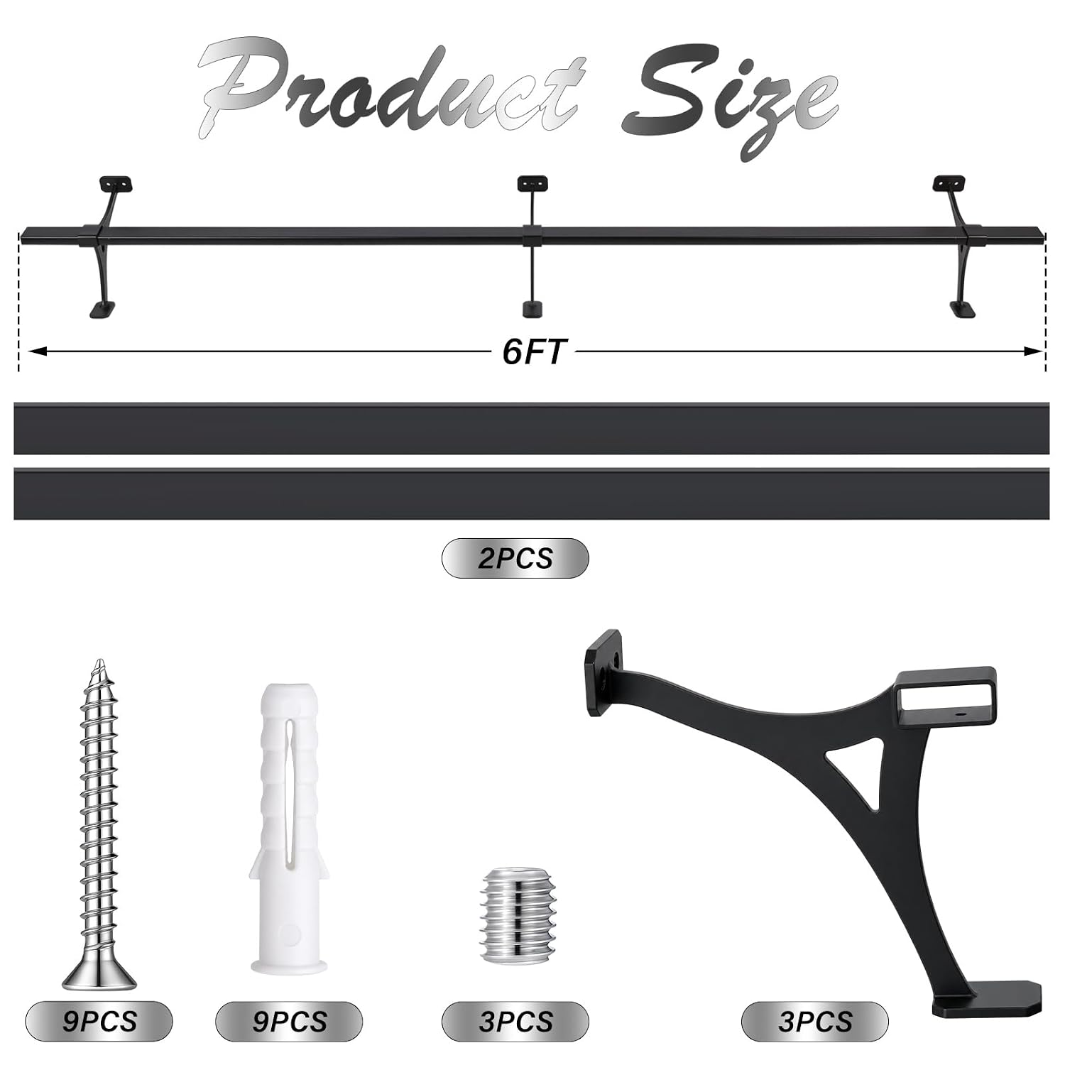 Zonon 6 ft Bar Foot Rail Kit Heavy Duty Black Stainless Steel | 2-Piece Foot Railing, 3 Combination Brackets, Mounting Hardware, Trim-to-fit Satin Bar Footrest, for Kitchen Island Indoor