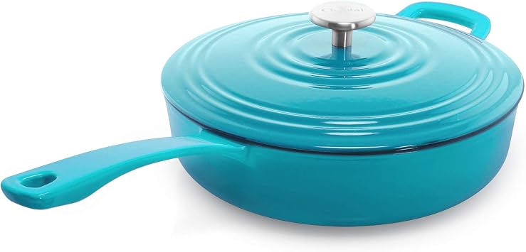 Chantal Cast Iron Skillet Saute Pan with Lid, 4 qt, US Formulated Premium Enamel, Sea Blue