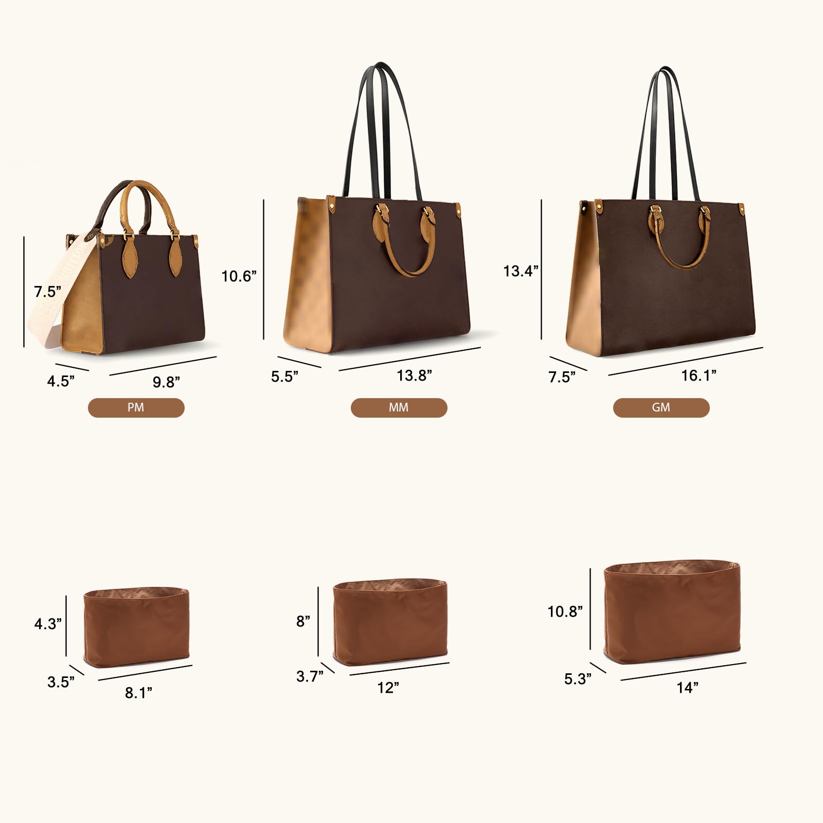 Organizador impermeable para bolso LV On The Go (marrón, grande, GM)