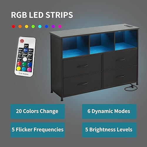 Miniatura 8 de LUMTOK Cómoda de 4 cajones con 3 estantes de almacenamiento abiertos, cajones de tela para dormitorio, pasillo, guardería, armarios, marco de acero,