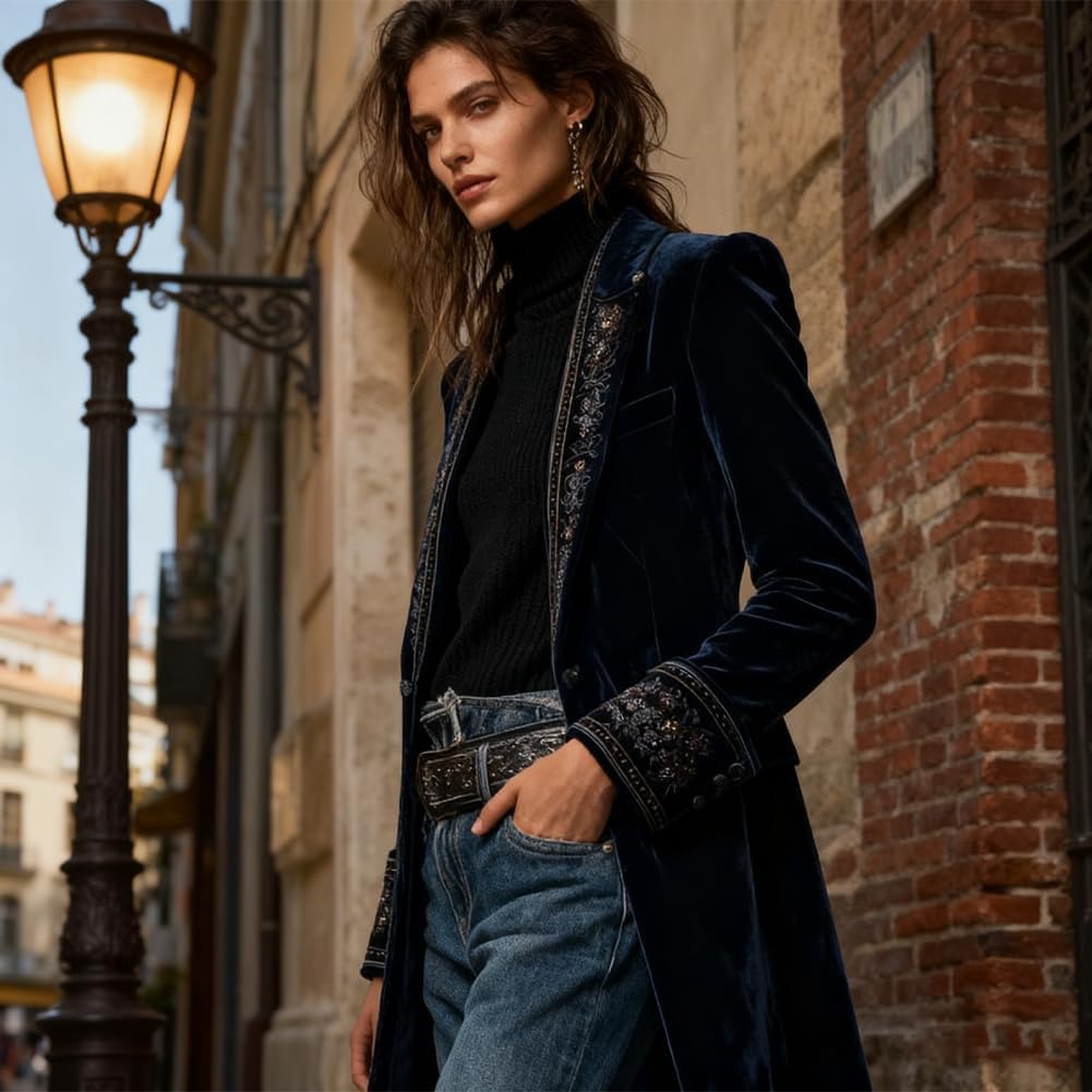 Chaqueta larga bordada de terciopelo de poliéster azul marino vintage para mujer, cuello en V, estilo retro, bohemio, blusa de terciopelo vintage