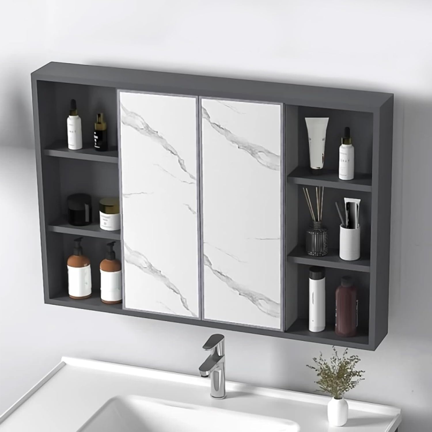 Aluminium Wall Mirror Bathroom Cabinet, Bathroom Furniture with Mirror and Sliding Door, Concealed Medicine Cabinets for Toilet with Shelves