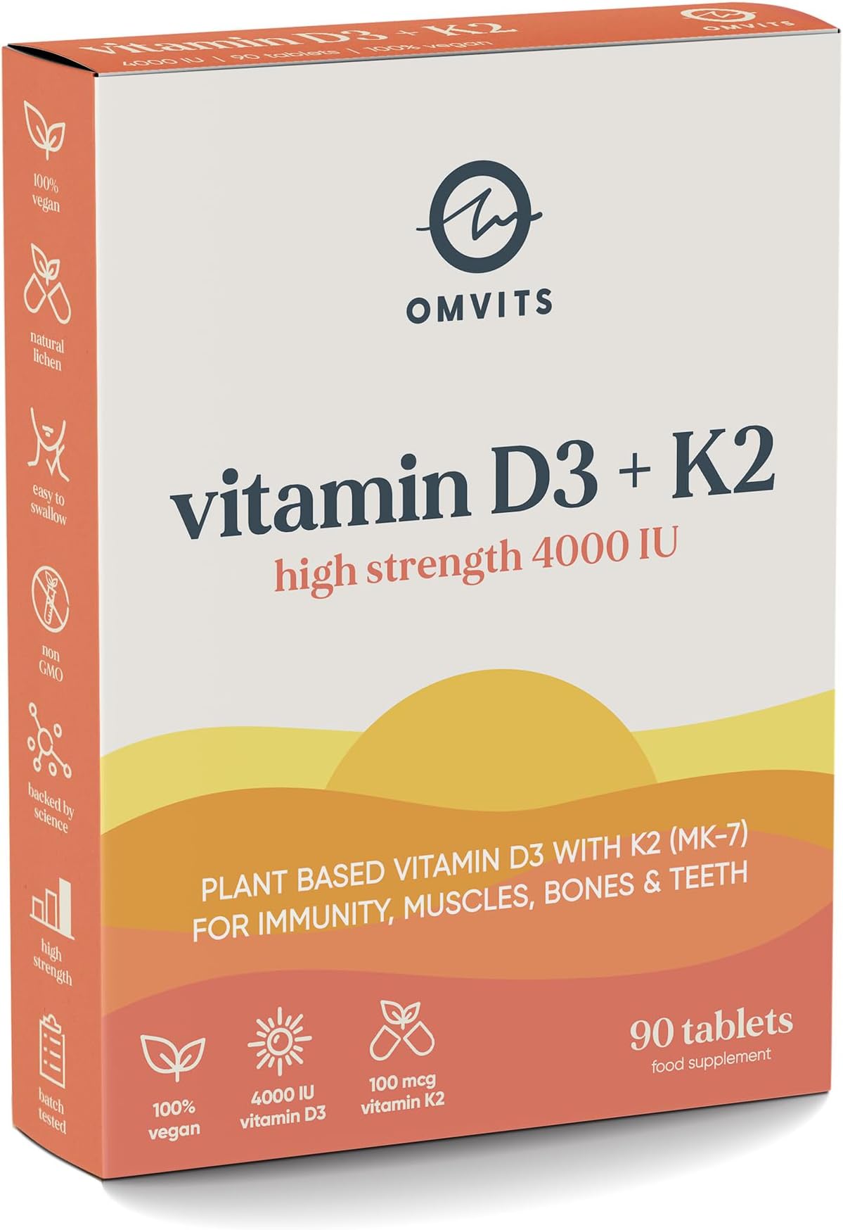 Vegan Vitamin D3 4000 IU + K2 100 mcg (MK-7) - 3 Month Supply (90 Tablets) - Lanolin-Free - High Strength Vitamin D Supplement – Supports Immunity, Bones & Muscle Function - Made from Lichen