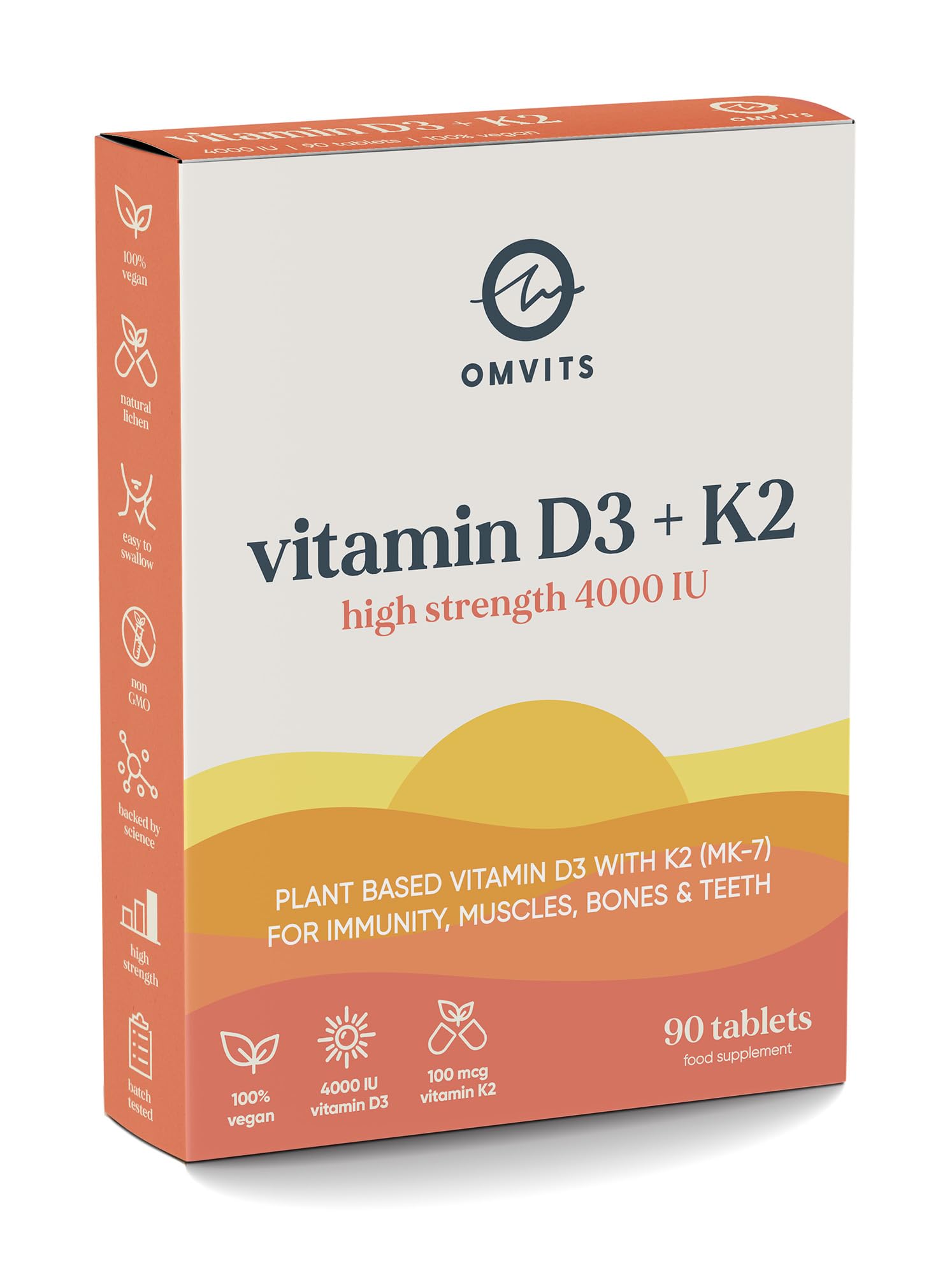 Vegan Vitamin D3 4000 IU + K2 100 mcg (MK-7) - 3 Month Supply (90 Tablets) - Lanolin-Free - High Strength Vitamin D Supplement – Supports Immunity, Bones & Muscle Function - Made from Lichen
