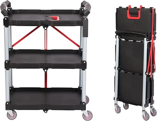 lesolar Portable Folding Service Cart Foldable Collapsible Service Cart 3 Tier Collapsible Push Cart Foldable Utility Carts with Wheels for Office,