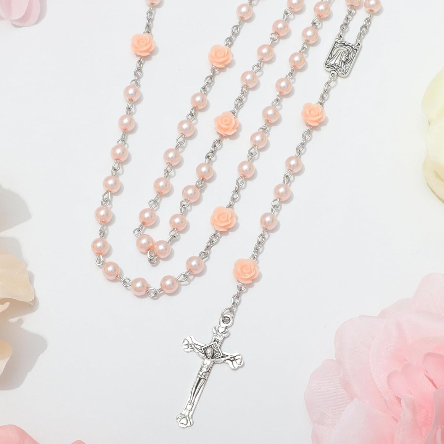 Catholic Rosary Necklace for Women, Simulated Pearl Prayer Beads with Rose Accents, Silver Crucifix & Our Lady of Lourdes Medal, Religious Gift for Her - Image 6