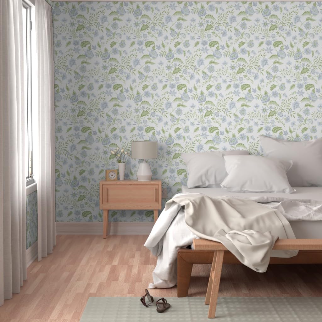 Spoonflower Peel & Stick Wallpaper Swatch - Boho Floral Modern Chintz Garden Vine Cottagecore Farmhouse Blue Green Custom Removable Wallpaper