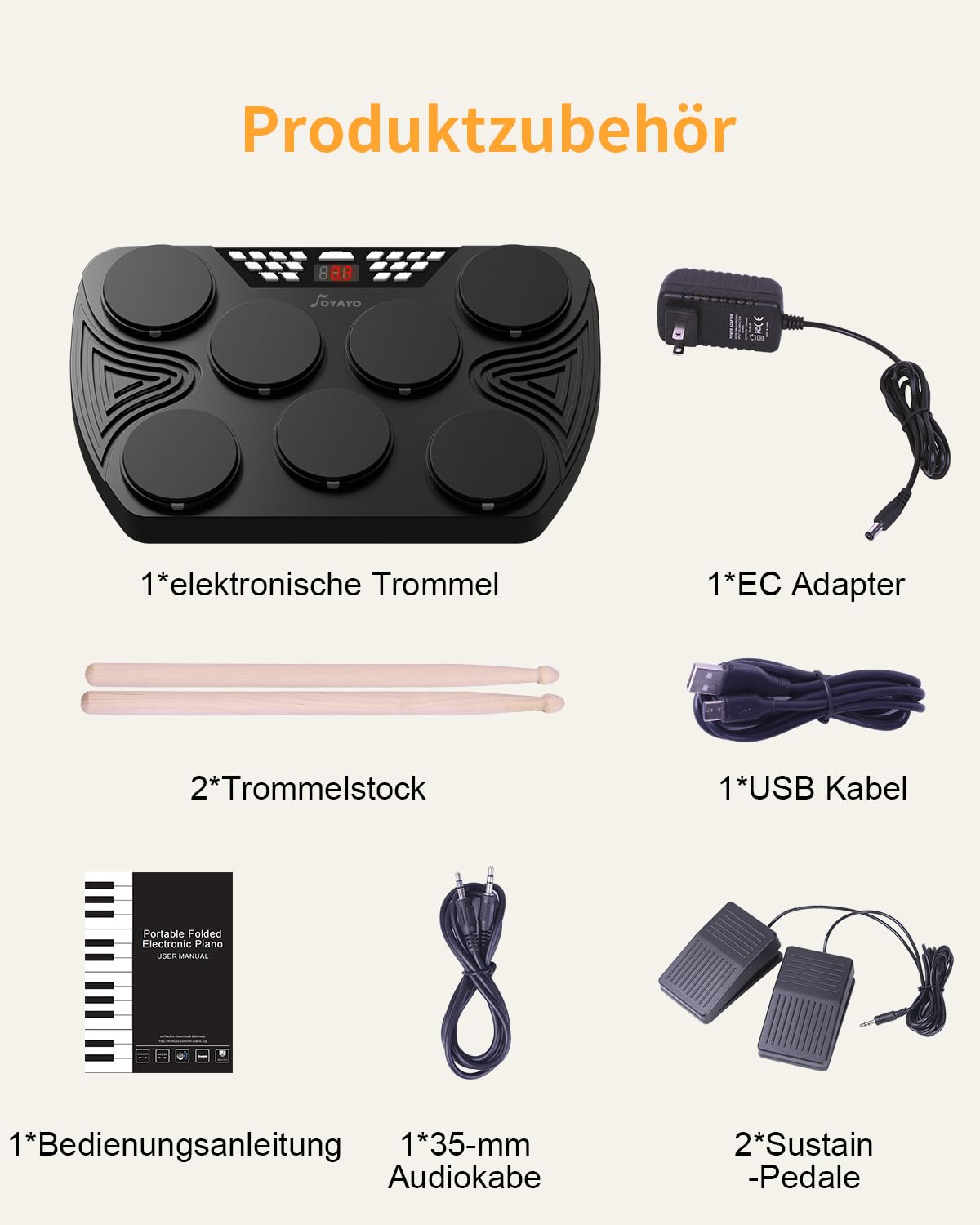 Schlagzeug Elektronisch, 7 Pads Elektronisches Schlagzeug Anschlagsdynamisch, E Drum Unterstützung MIDI Bluetooth PC Anschließen, Digital Drum für Kinder, Anfänger Geburtstag Geschenk