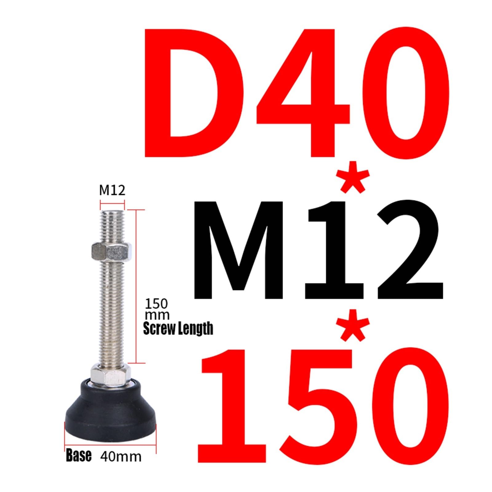 Pies ajustables de acero inoxidable de 4 piezas for muebles | Pata ajustable for torno de máquina herramienta con roscas M6-M12 for estantes(D40xm12x150)